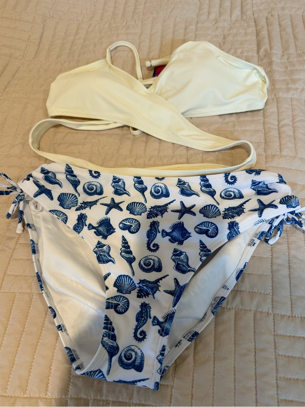 Girls' White Bikini with Blue Seashell Print - Two-Piece Swim Set